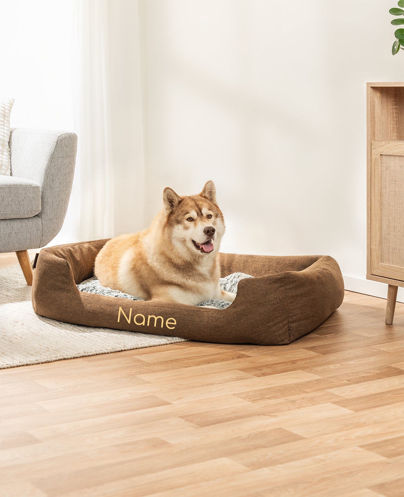 Cama para mascotas con almohada de peluche, personalizada