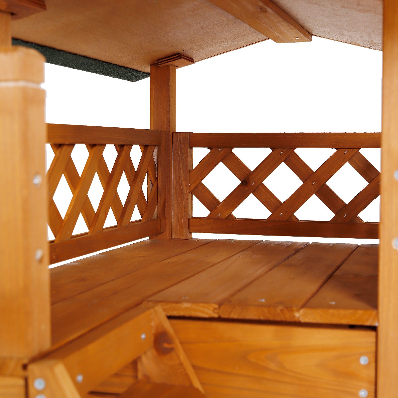 Casa para gatos de madera con terraza y escaleras