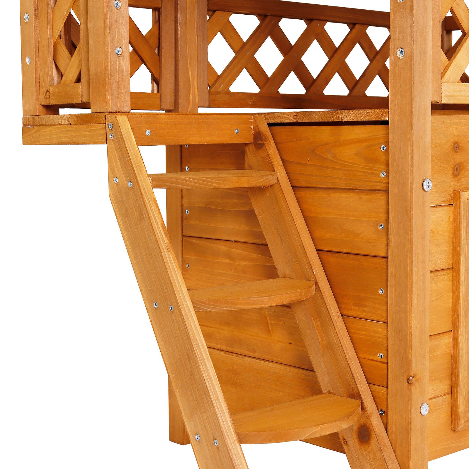 Casa para gatos de madera con terraza y escaleras
