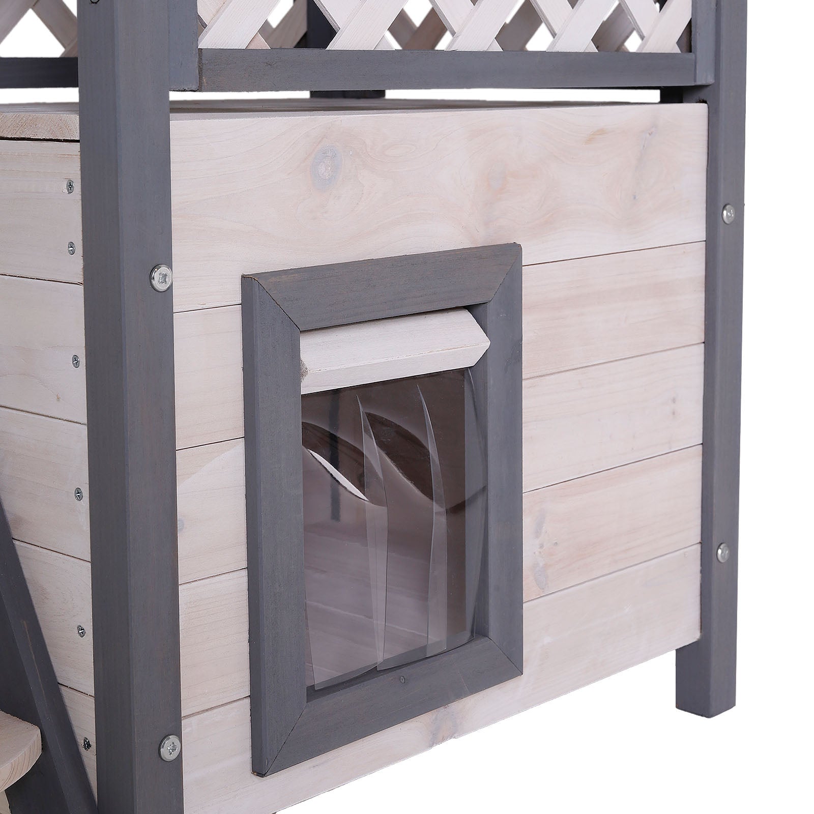 Casa para gatos de madera con terraza y escaleras
