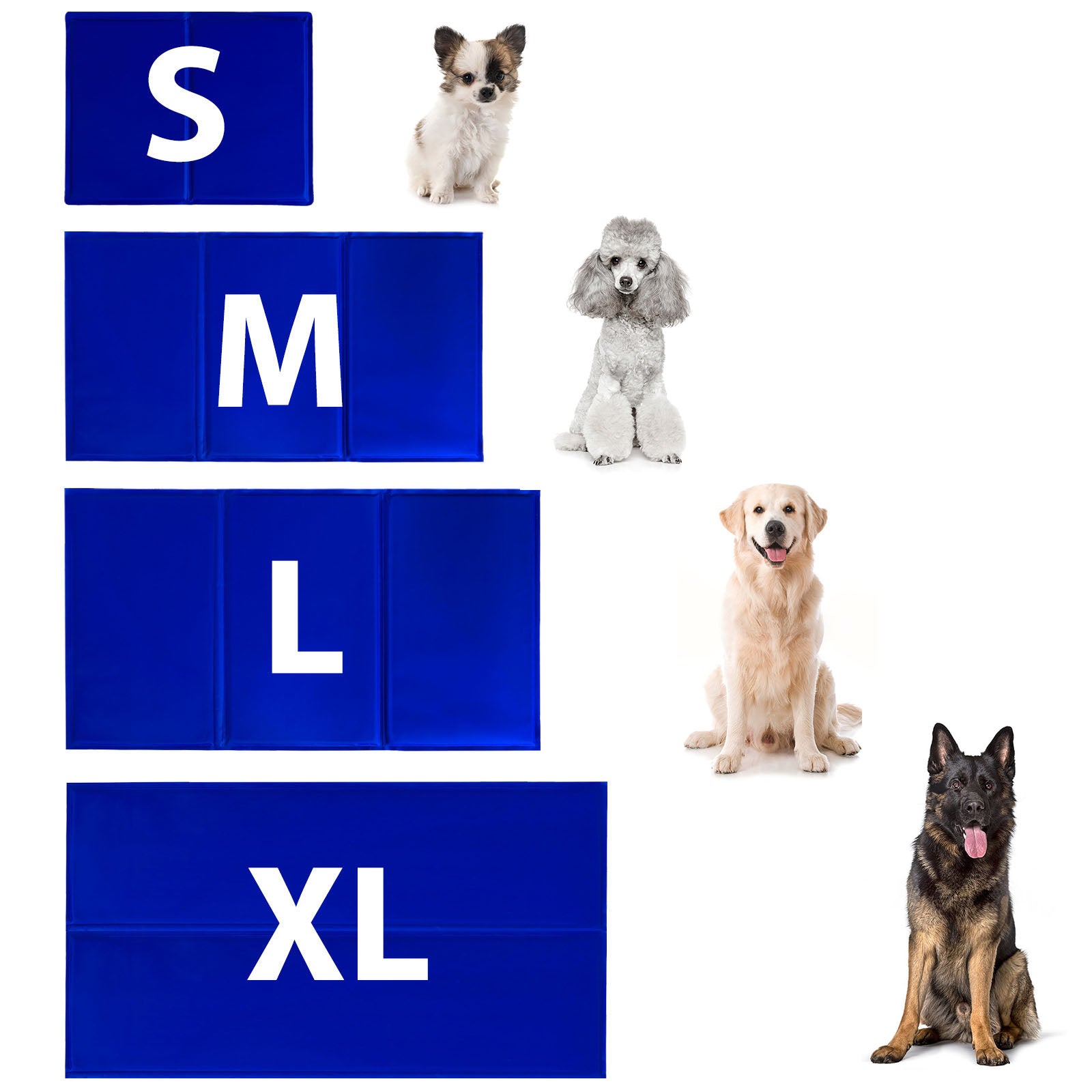 Größenangaben der Kühlmatten mit danebengestellten Hunderassen zur passenden Größe