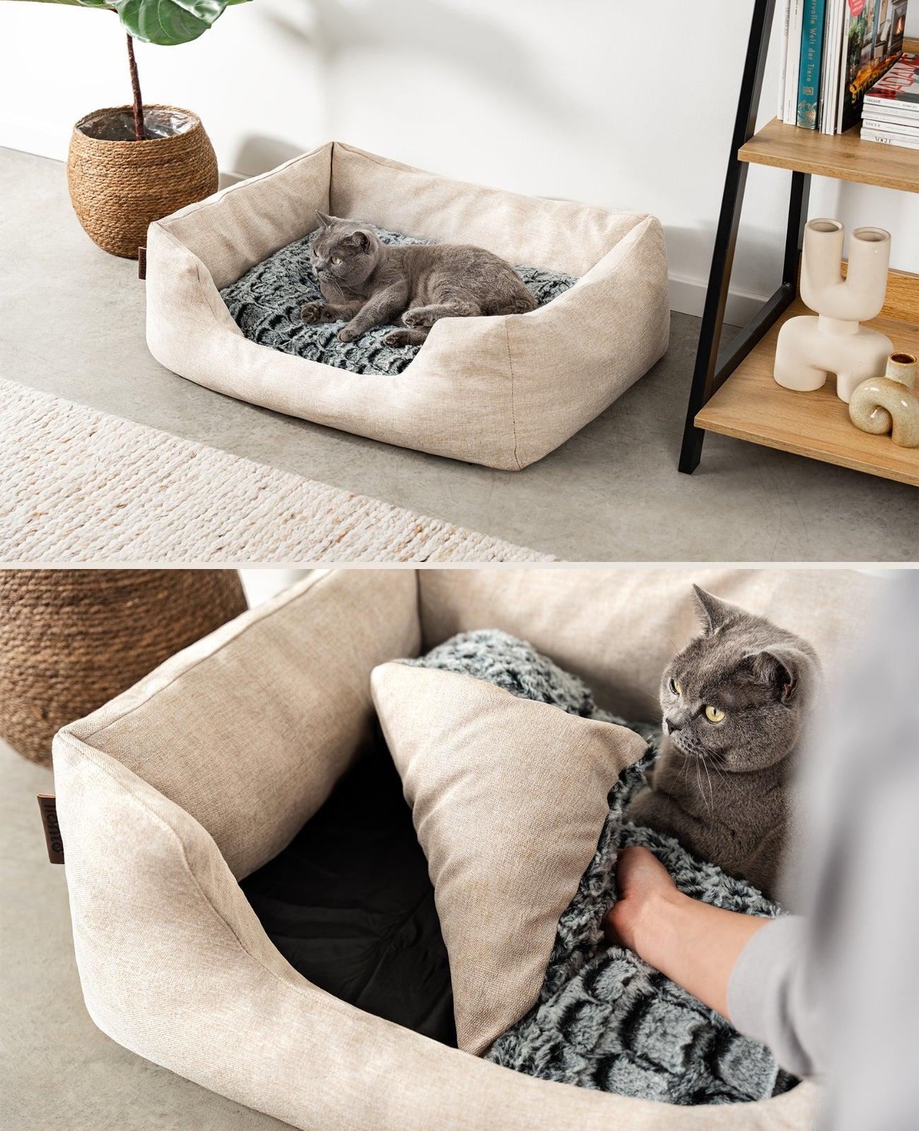 Cama para gatos con cojín reversible y tejido exterior moteado