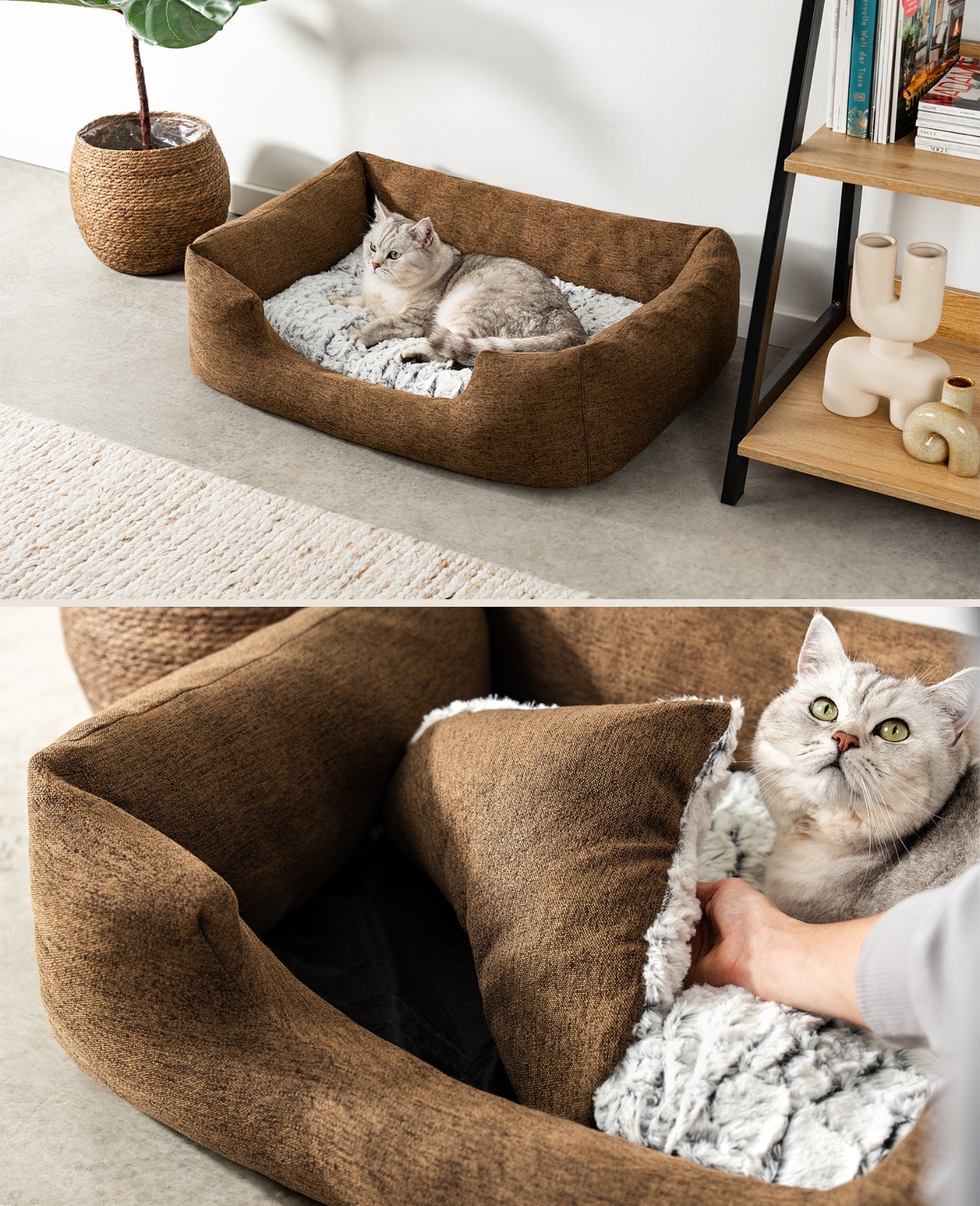 Cama para gatos con cojín reversible y tejido exterior moteado