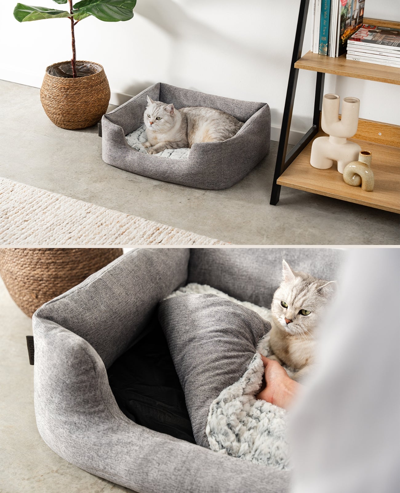 Cama para gatos con cojín reversible y tejido exterior moteado