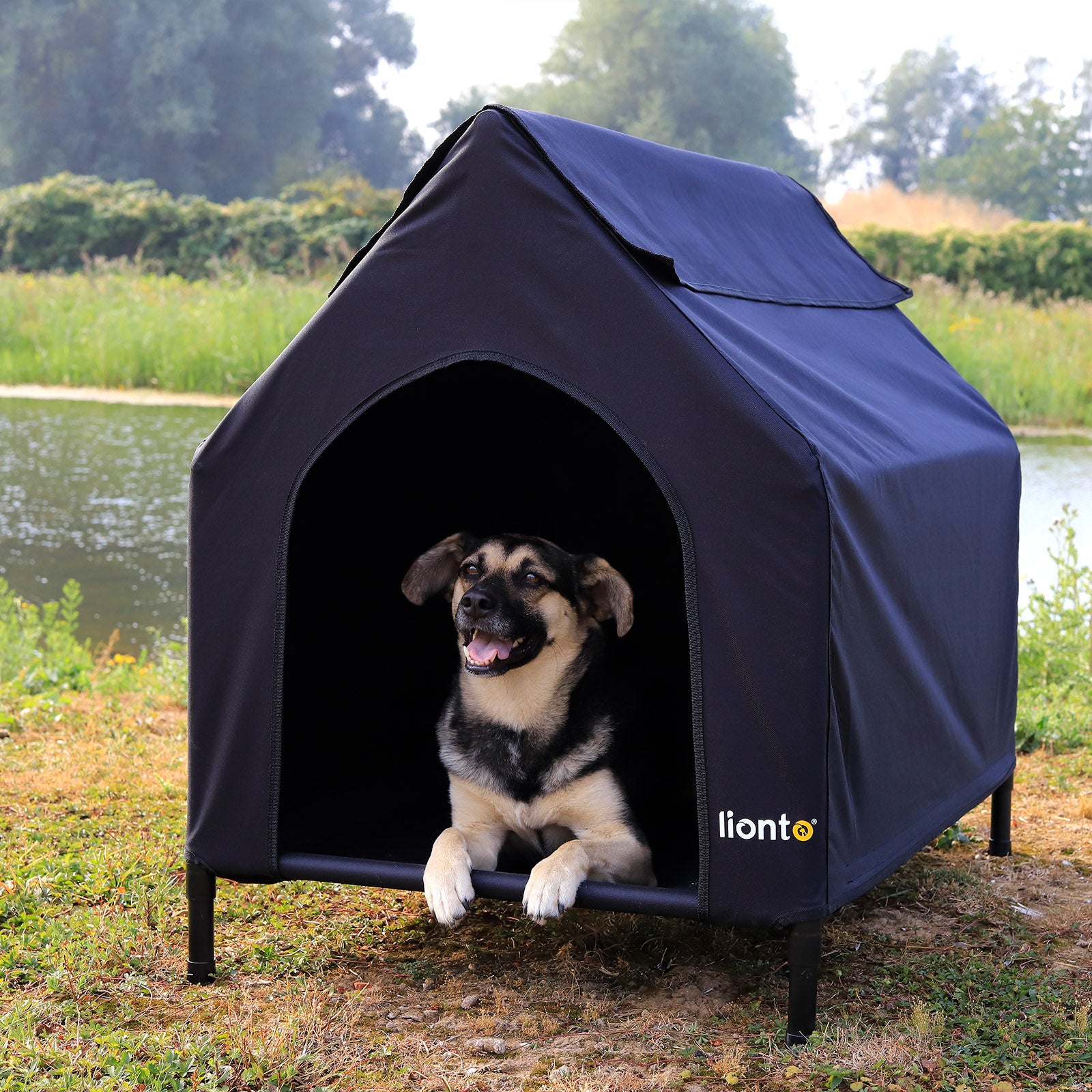 Cama elevada para perros con techo