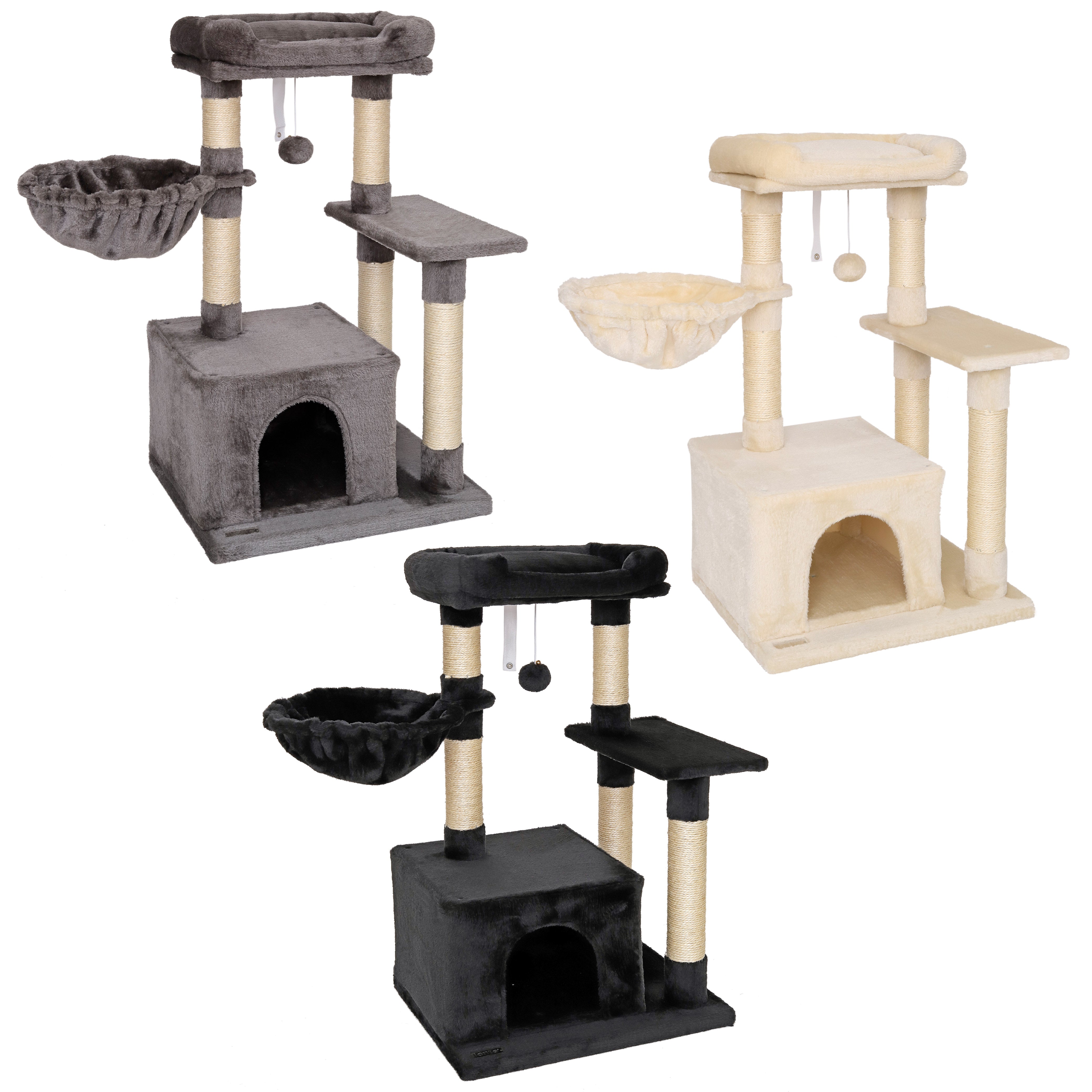 Katzbaum mit Höhle, Liegemulde, Plattform, Liegefläche und Spielball in grau, beige und schwarz