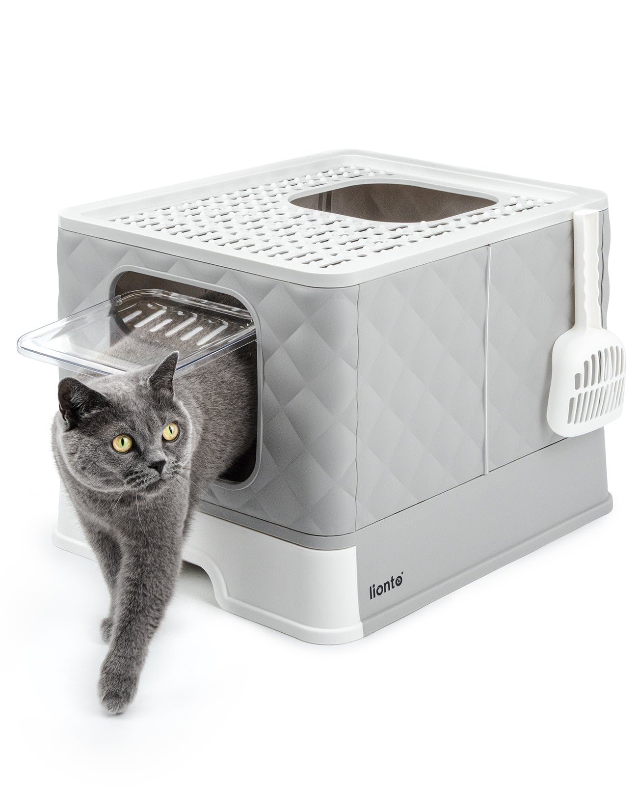 lionto Caja de arena para gatos con cajón y pala, 50,5x40,8x37 cm, blanco-gris