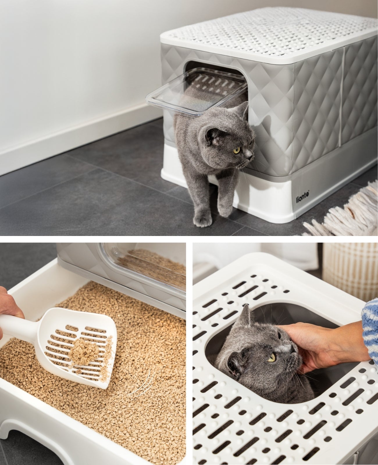 lionto Caja de arena para gatos con cajón y pala, 50,5x40,8x37 cm, blanco-gris