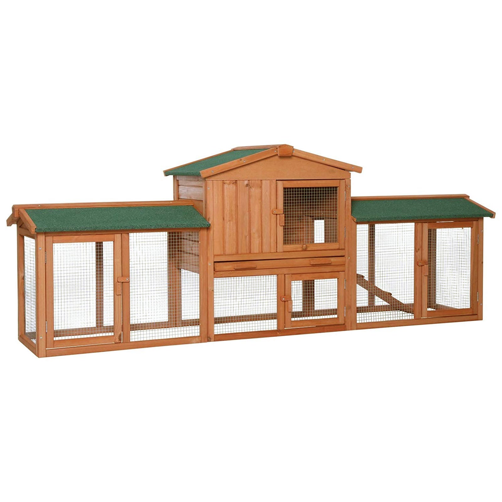 Kaninchenstall aus Tannenholz auf zwei Etageln mit Rampe und Auslauf auf beiden Seiten