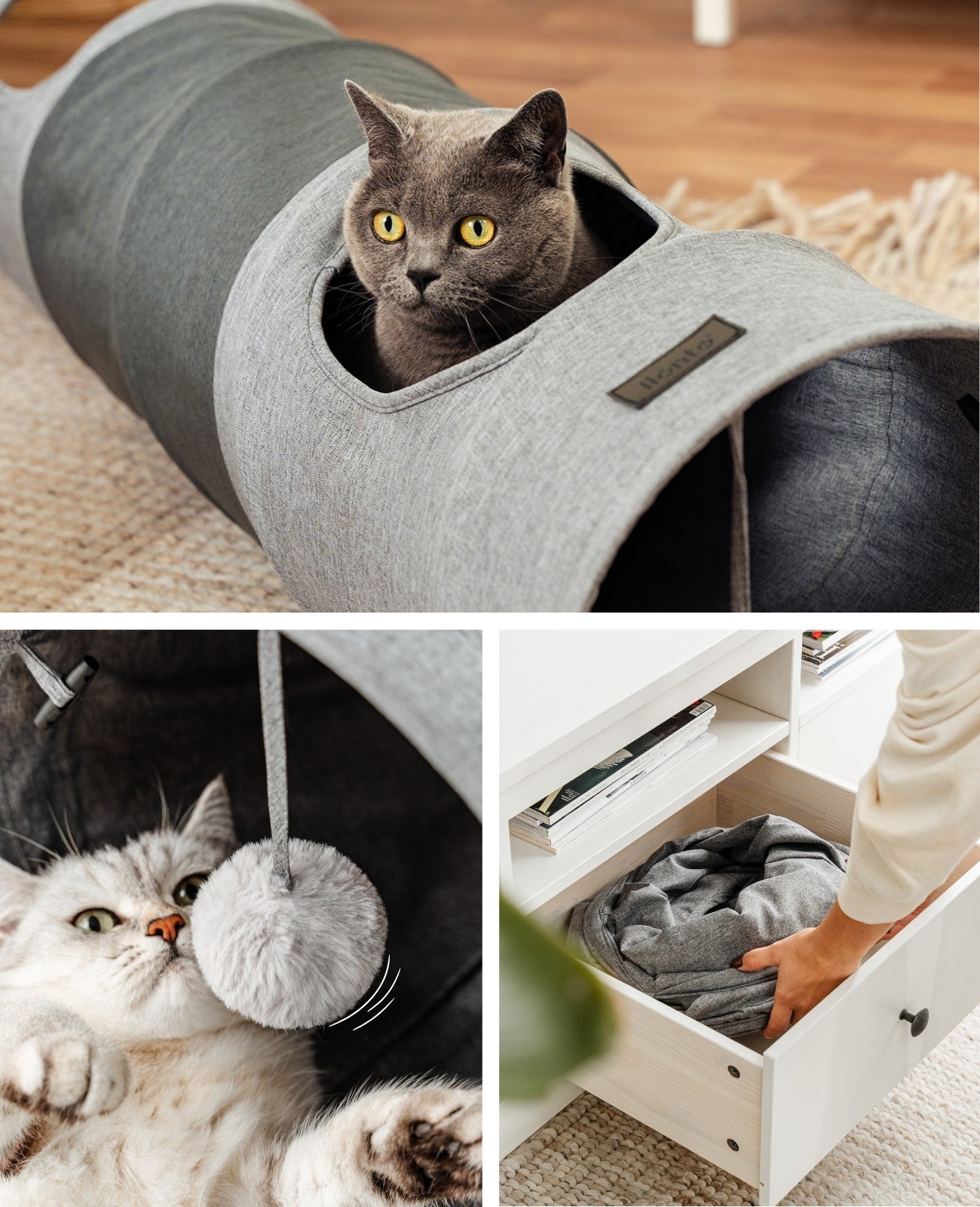Túnel para gatos con pelota de juego