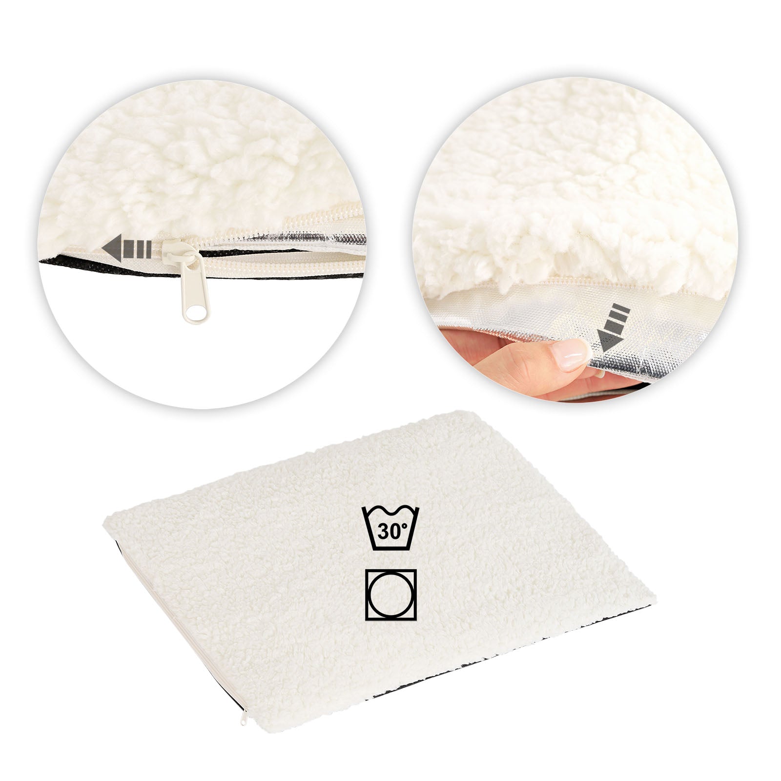 Reißverschluss, abnehmbarer Bezug und Waschhinweise für den Bezug