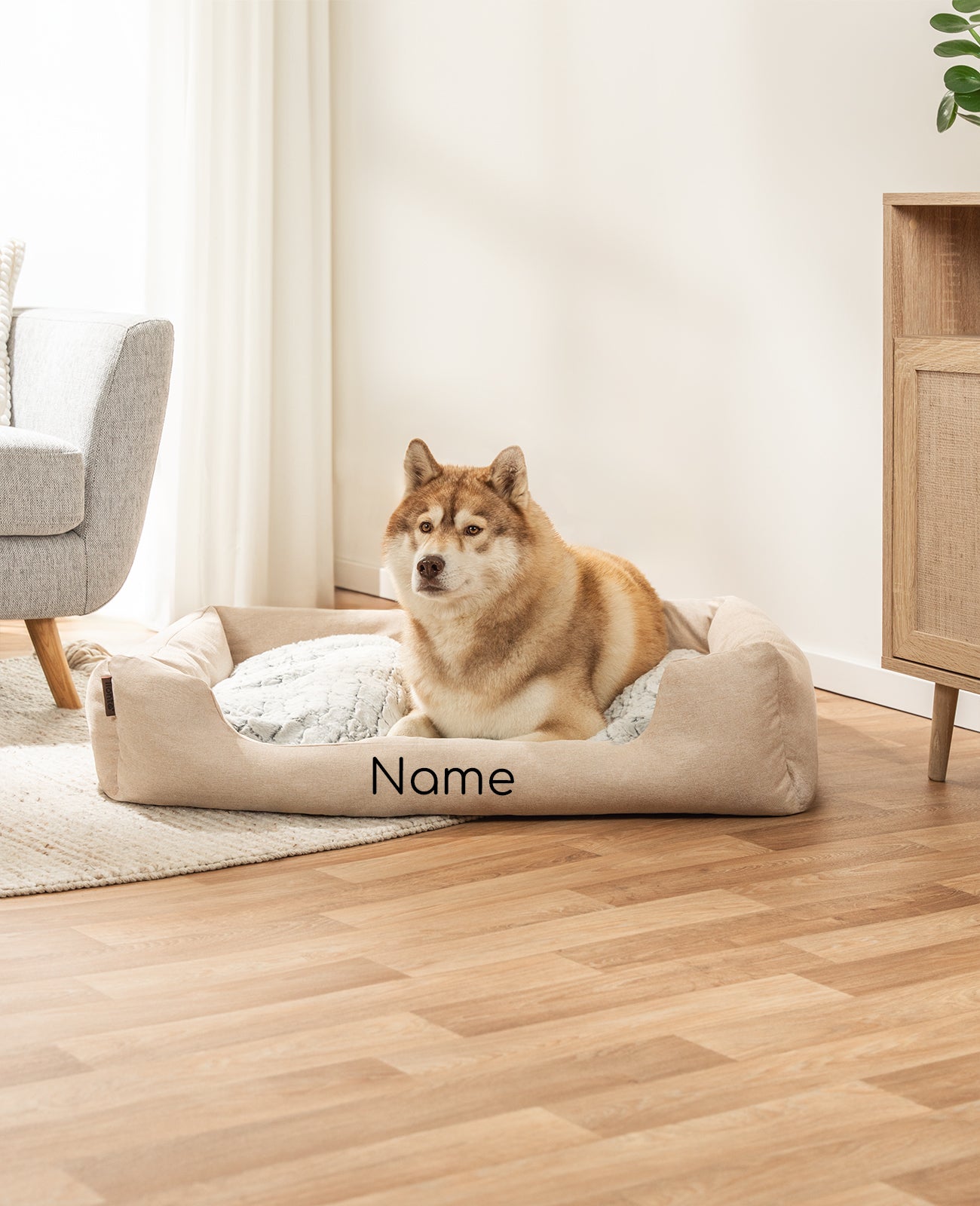 Cama para mascotas con almohada de peluche, personalizada