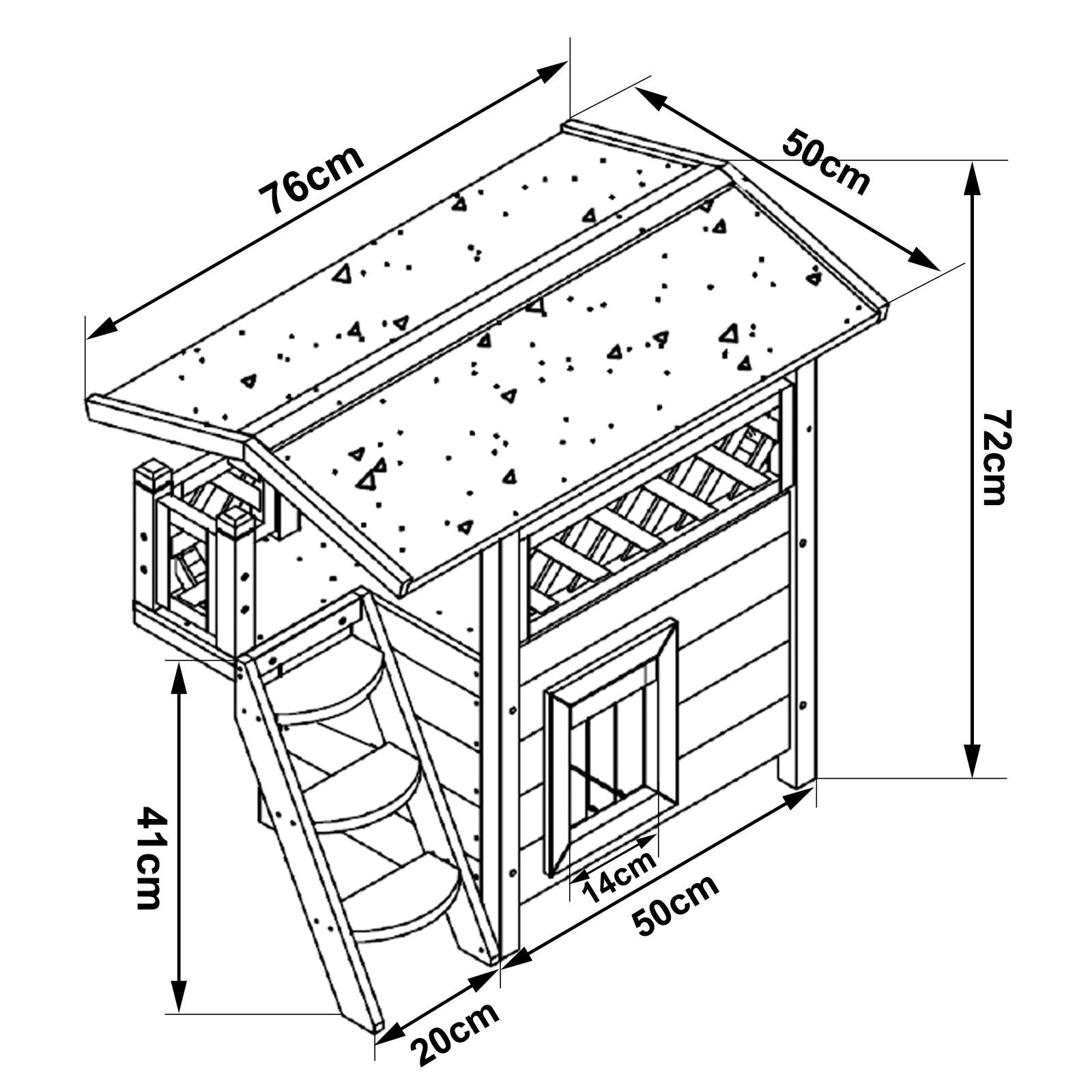 Casa para gatos de madera con terraza y escaleras