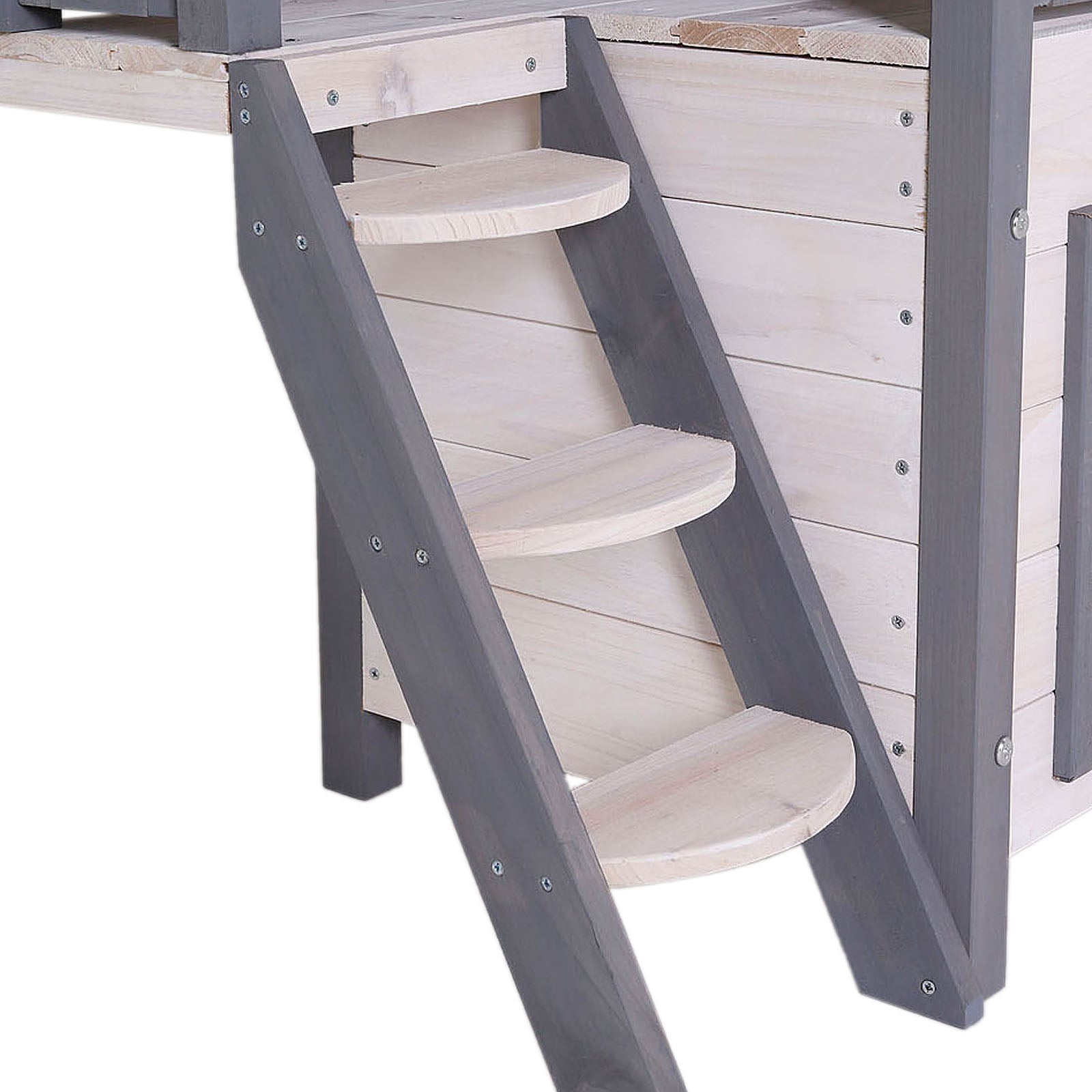 Casa para gatos de madera con terraza y escaleras