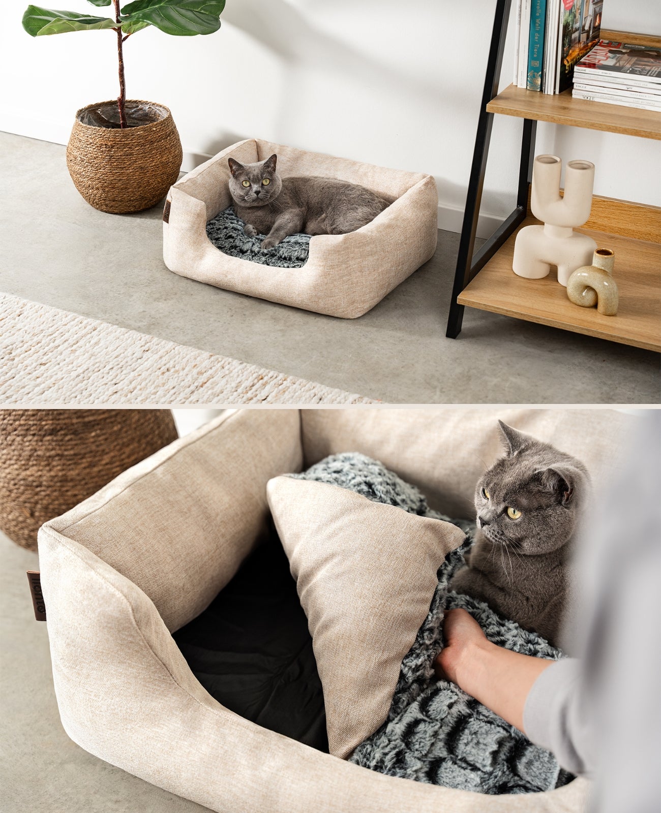 Cama para gatos con cojín reversible y tejido exterior moteado