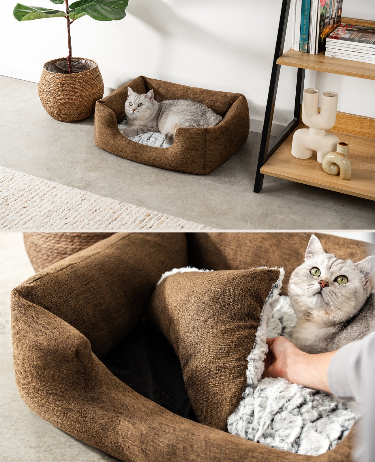 Cama para gatos con cojín reversible y tejido exterior moteado