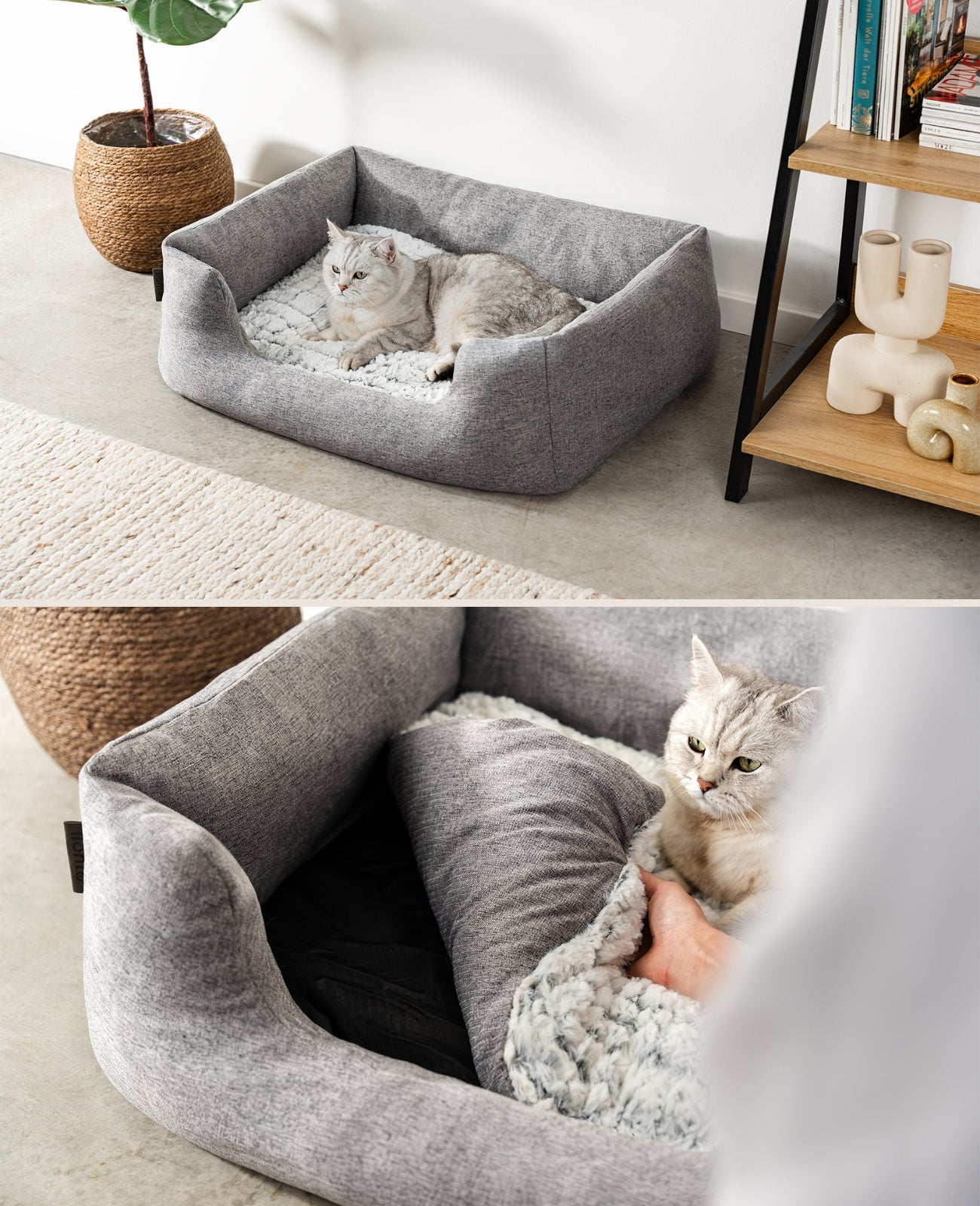 Cama para gatos con cojín reversible y tejido exterior moteado