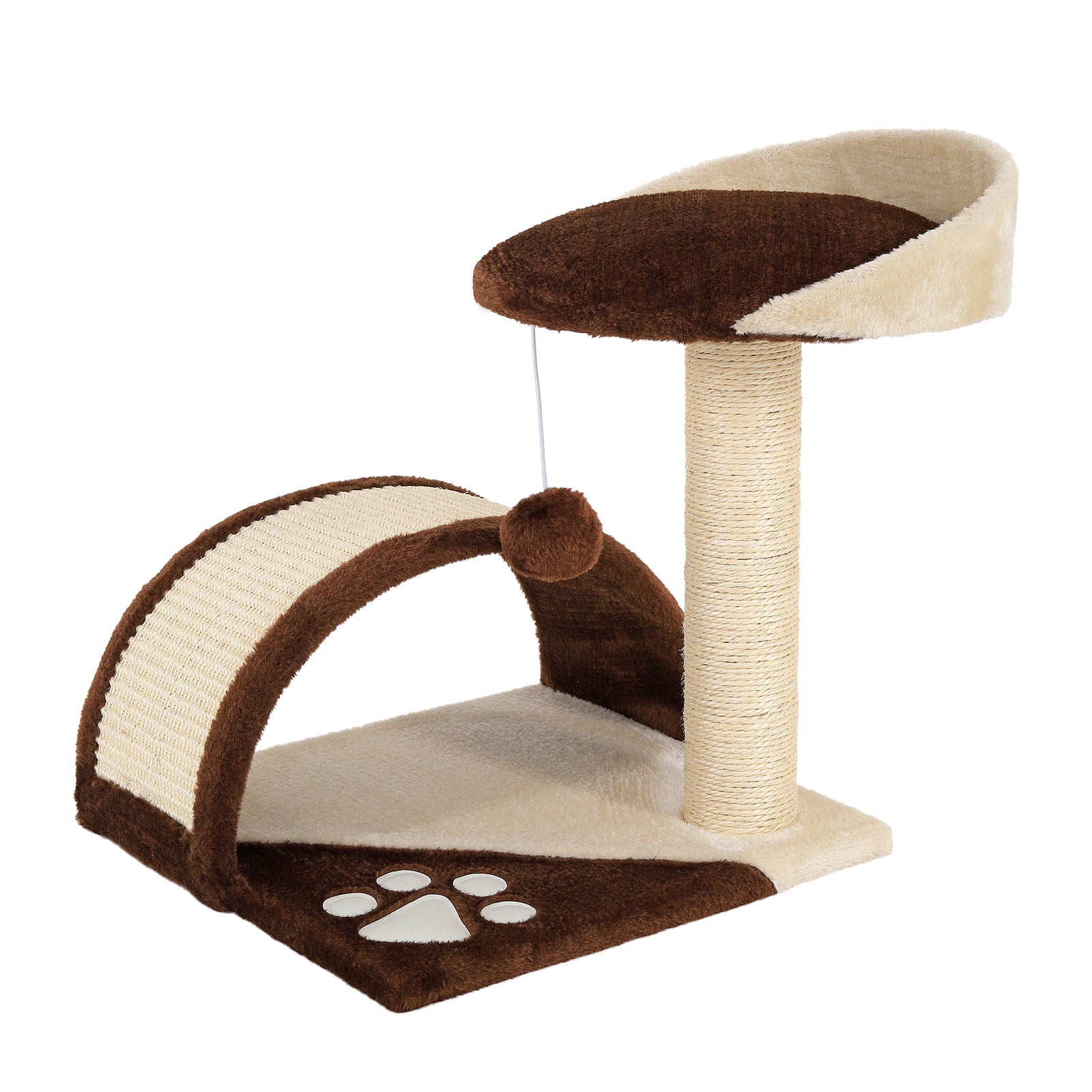 Katzenkratzbaum in braun/beige, mit Plattform, Spielball und Kratz-Bogen