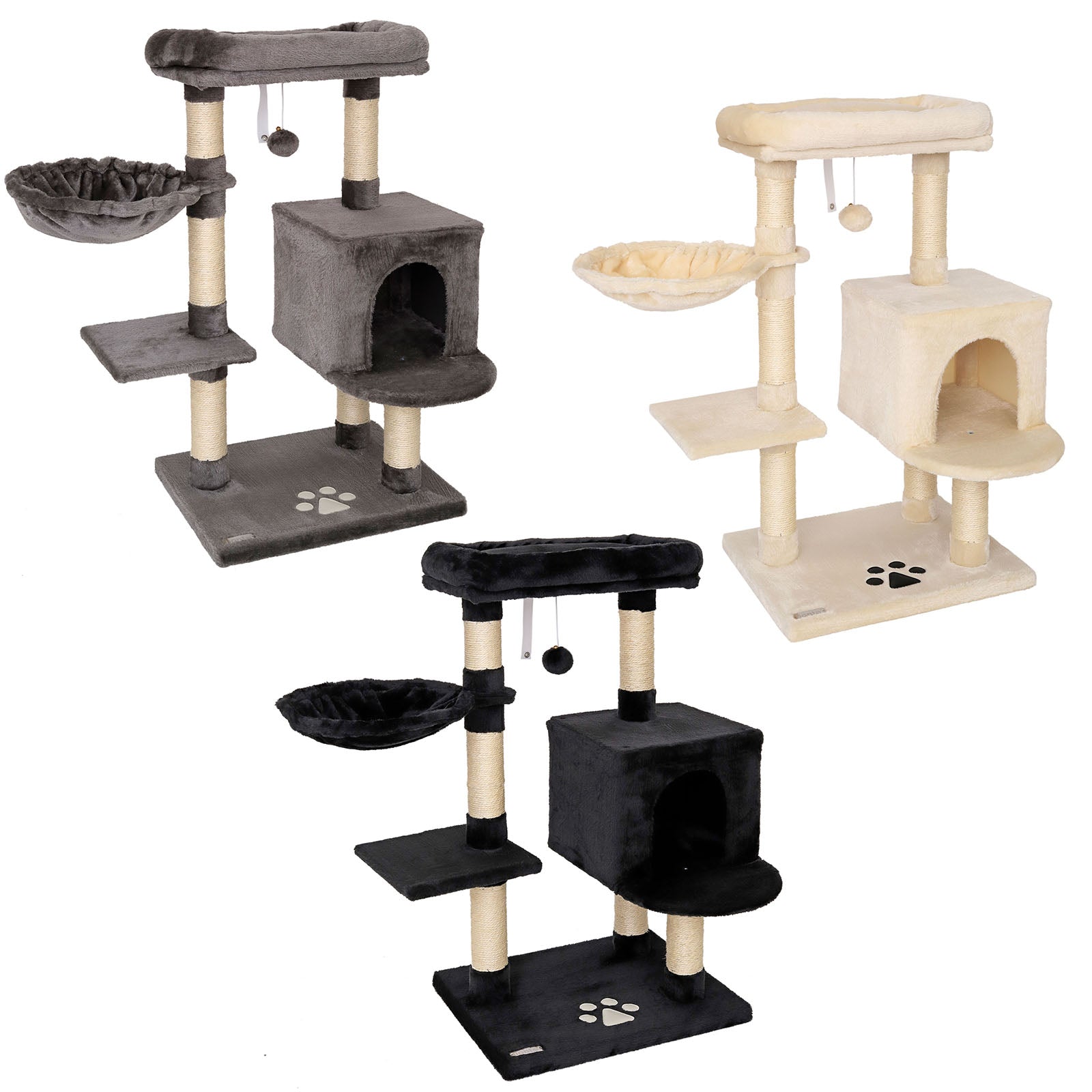 Kratzbaum mit Höhle, Plattformen, Liegemulde und Spielball in dunkelgrau, beige und schwarz