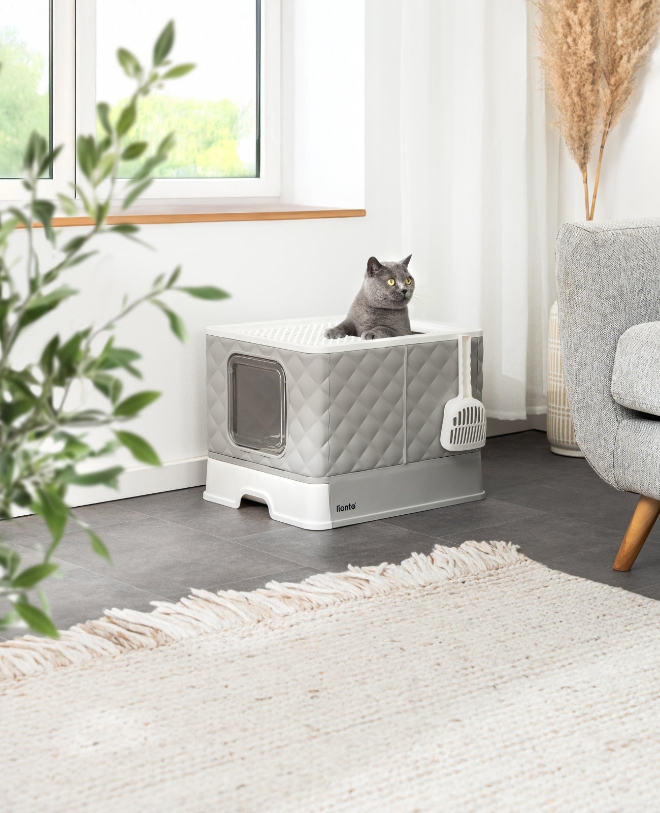 lionto Caja de arena para gatos con cajón y pala, 50,5x40,8x37 cm, blanco-gris