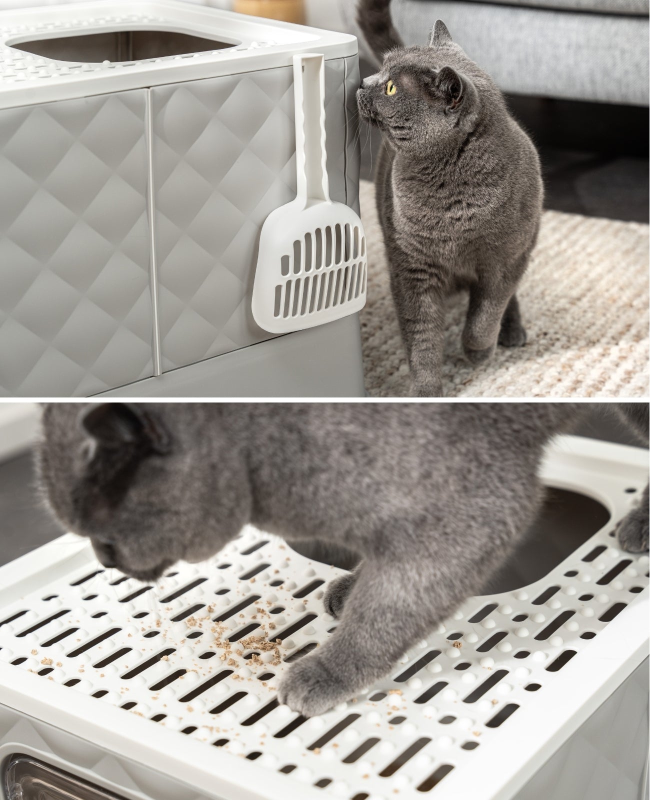 lionto Caja de arena para gatos con cajón y pala, 50,5x40,8x37 cm, blanco-gris