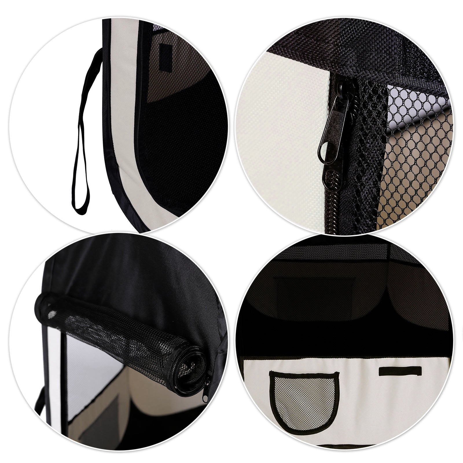 Schlaufe, doppelter Reißverschluss, hochgerollter Mesh-Einsatz von Welpenauslauf