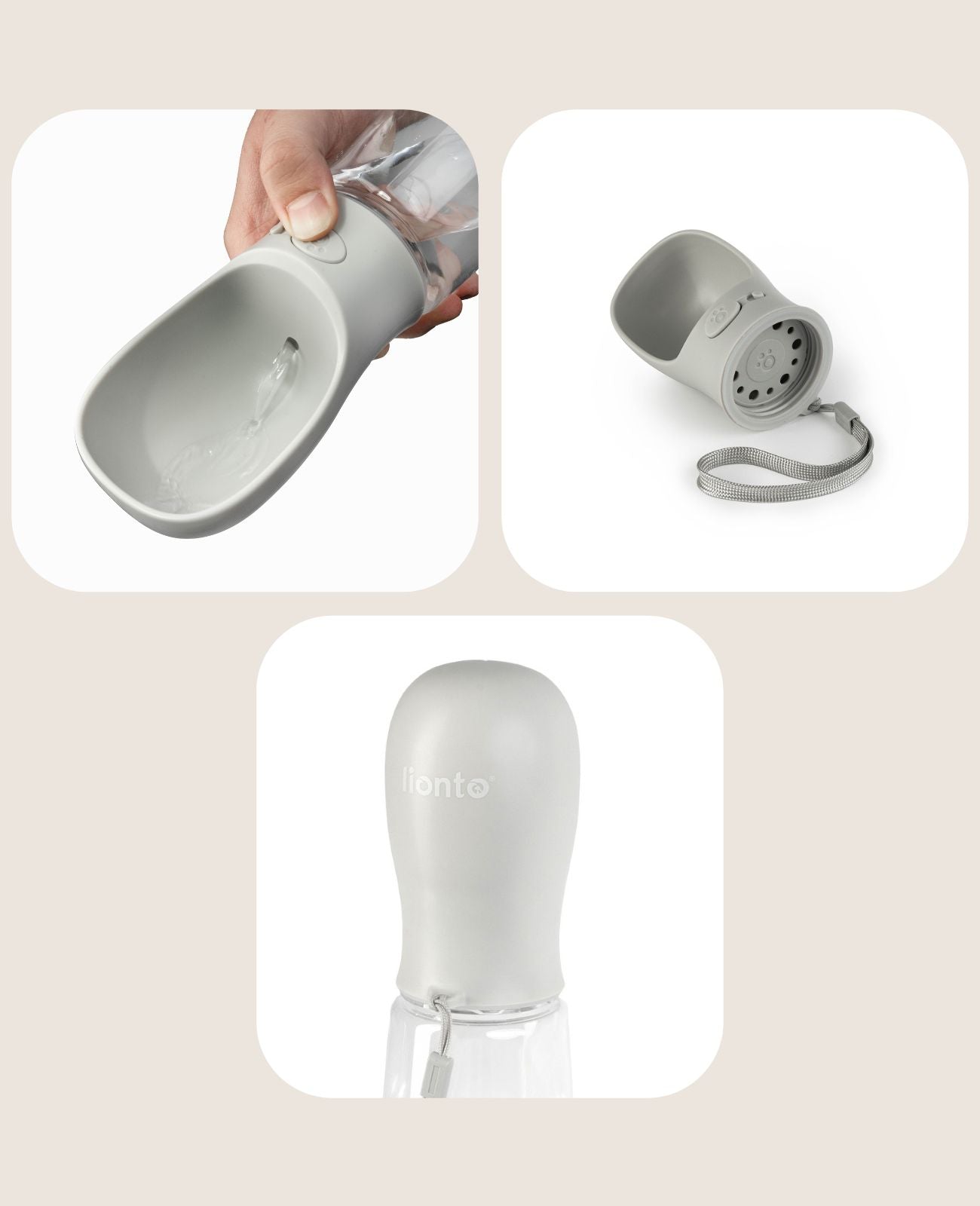 Knopf zur Aktivierung des Wasserflusses, abschraubbarer Deckel mit Sicherheitsschlaufe fürs Handgelenk und Firmenlogo auf Rückseite des Deckels eingraviert