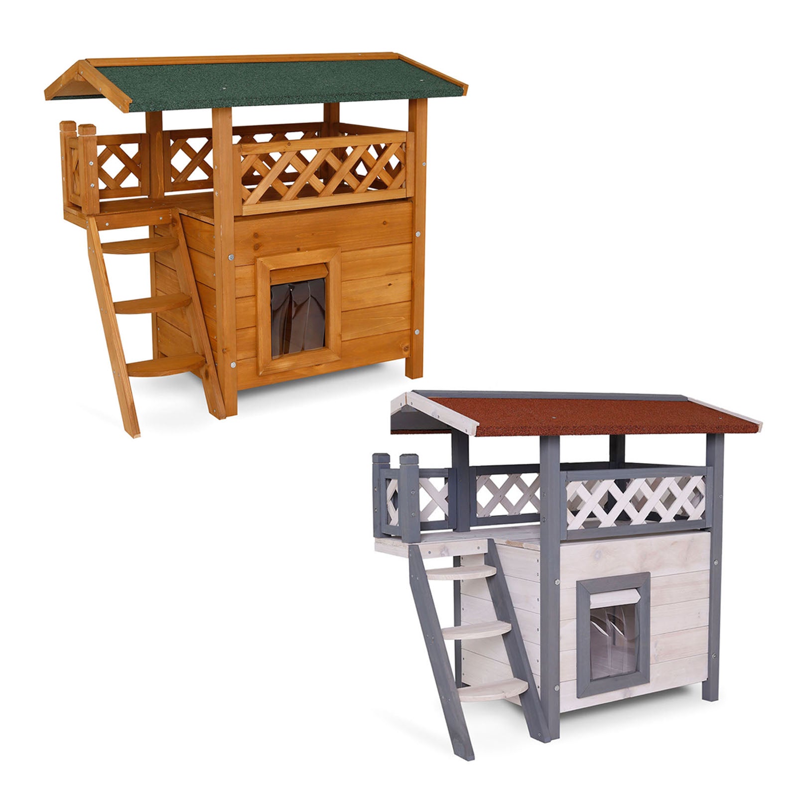 Casa para gatos de madera con terraza y escaleras