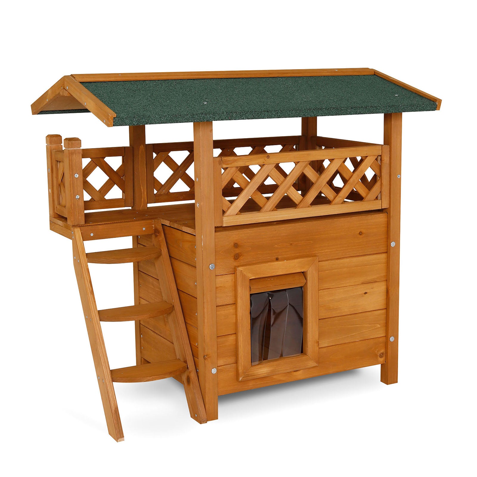 Casa para gatos de madera con terraza y escaleras