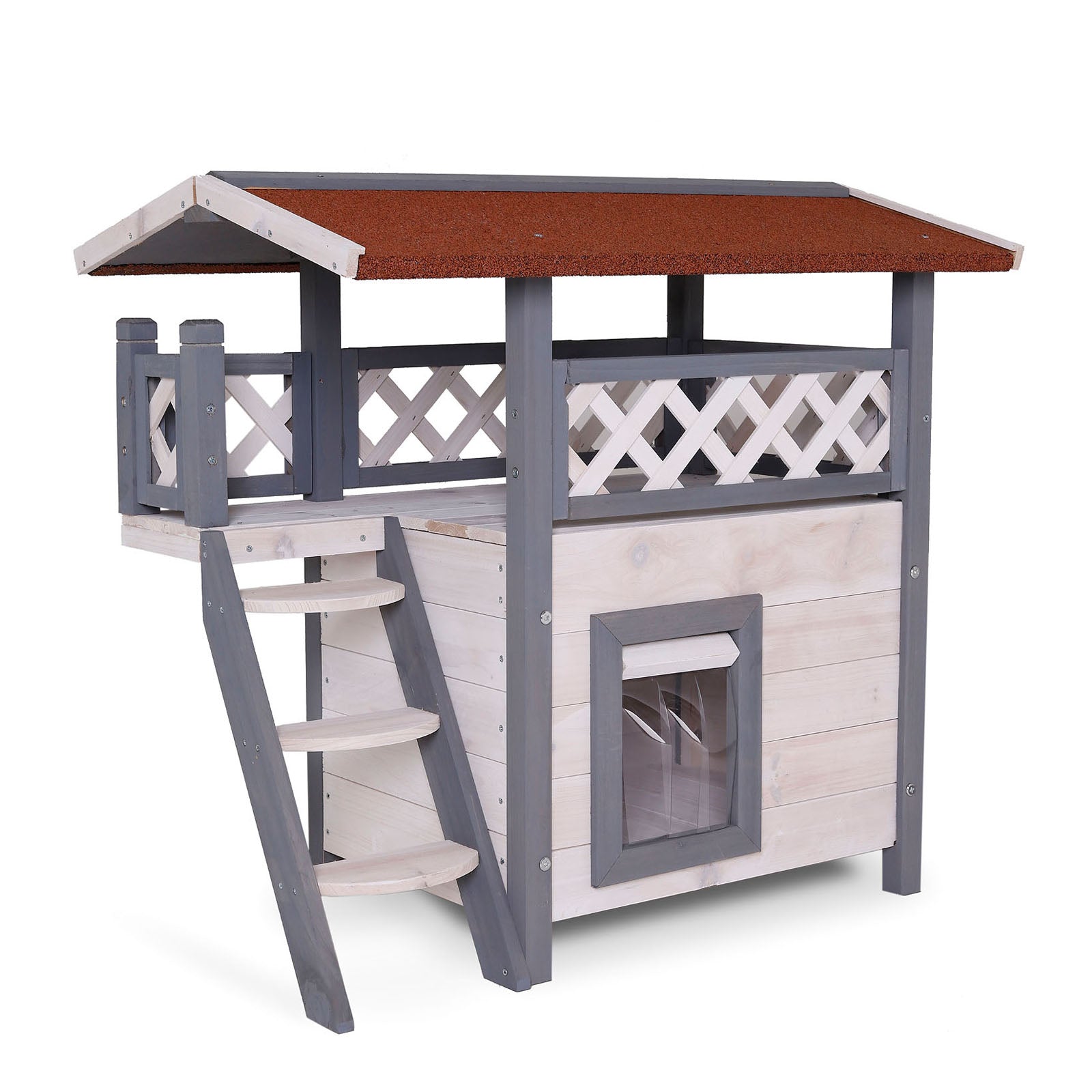 Casa para gatos de madera con terraza y escaleras